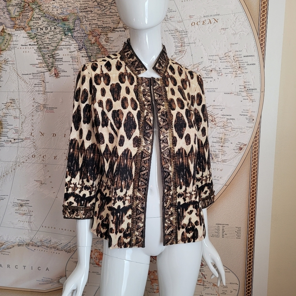 Chico's tribal print ivory black jacket brown beading tab collar artsy ethnic S